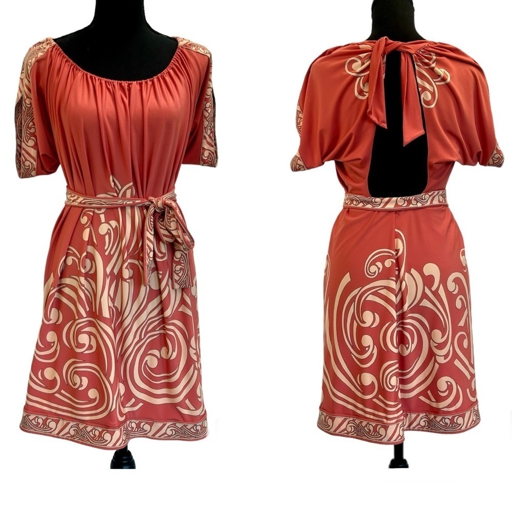 Bcbgmaxazria coral peach tan short sleeve swirl print boho mini dress Sz S